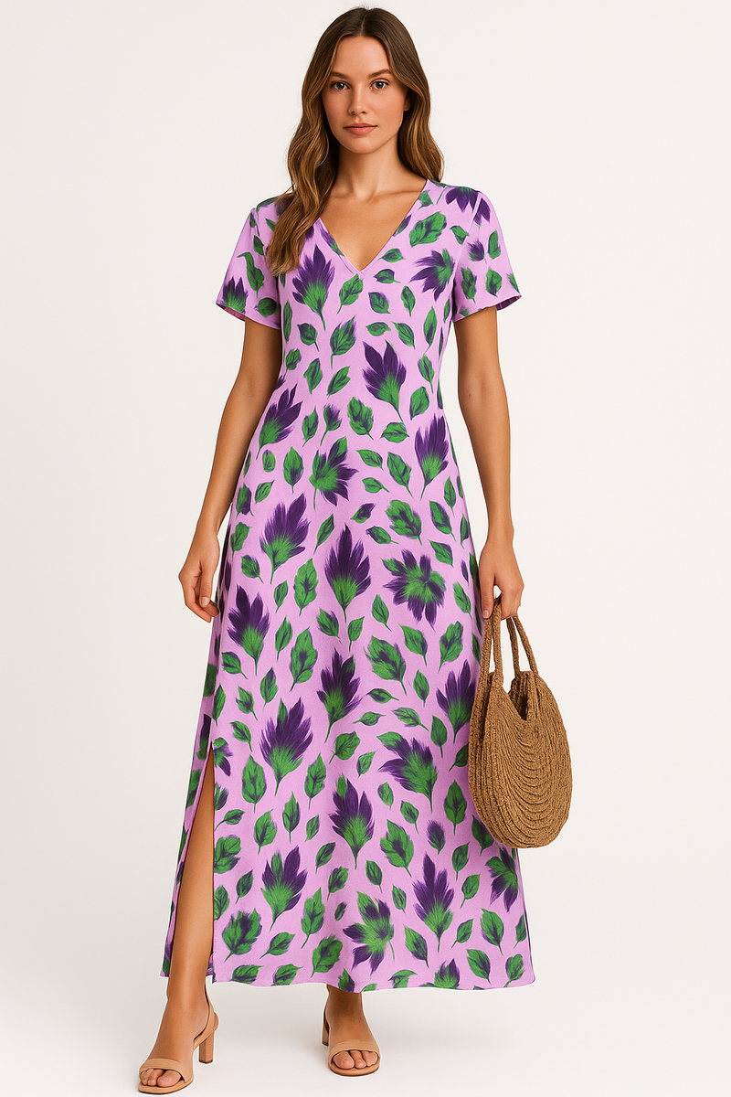 Elegante maxi damesjurk met split en V-hals – Sophie