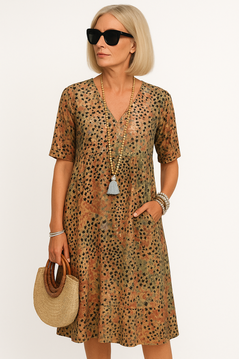 V-hals midi jurk met levendige print – Hilenya