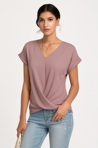 Casual V-Hals T-Shirt met Opgerolde Mouwen – Lotte