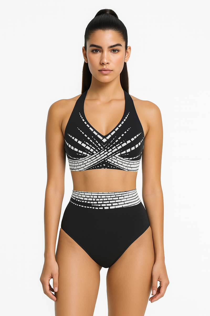 Bikini dames geometrisch hoog getailleerd zwart elegant – Livia