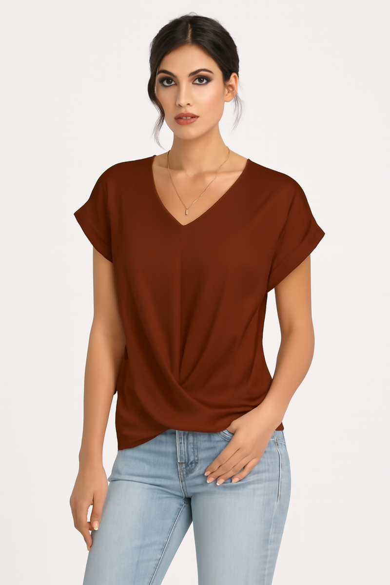 Casual V-Hals T-Shirt met Opgerolde Mouwen – Lotte