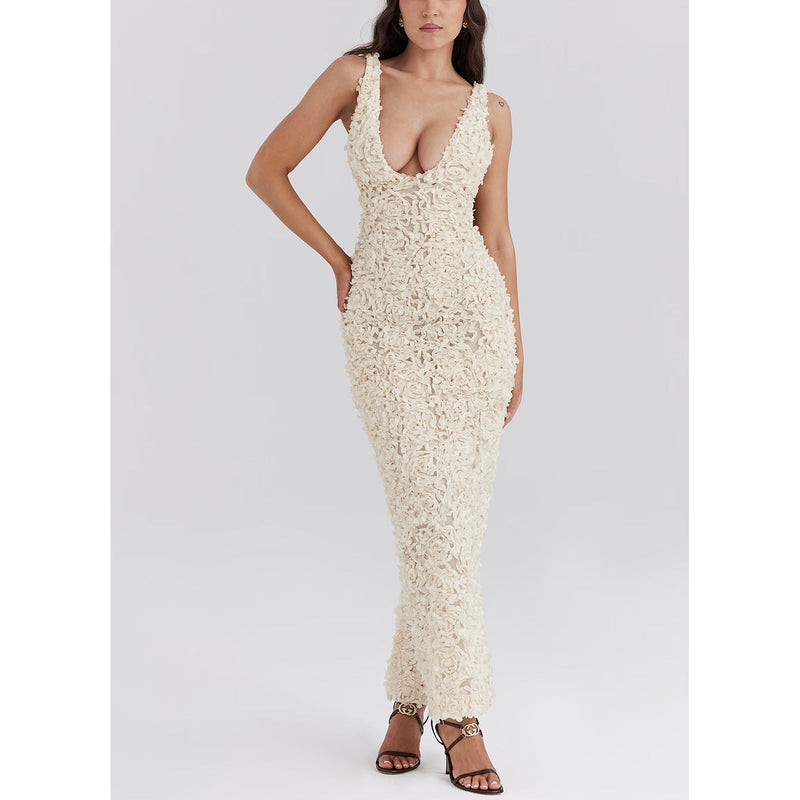 Maxi avondjurk met 3D rozen en open rug – Evelina