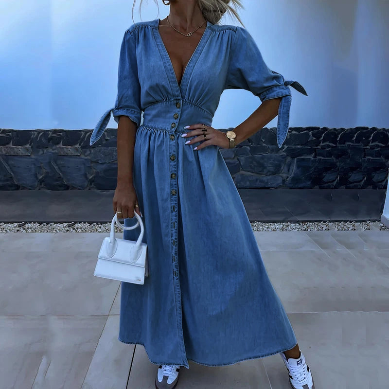 Denim maxi jurk dames V-hals split elegant – Rovelle