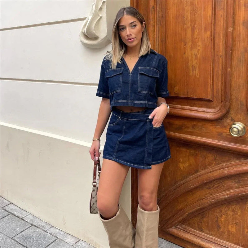 Denim dames set met V-hals top en broekrok – Zeylani