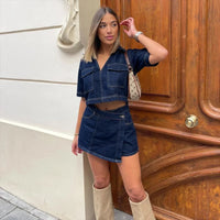Denim dames set met V-hals top en broekrok – Zeylani