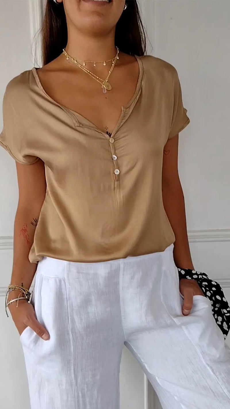 Elegante V-Hals Blouse met Losse Pasvorm – Mira
