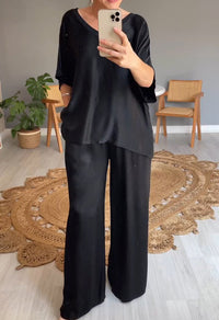 Satijnen dames pak V-hals tweedelig elegant set – Elairra
