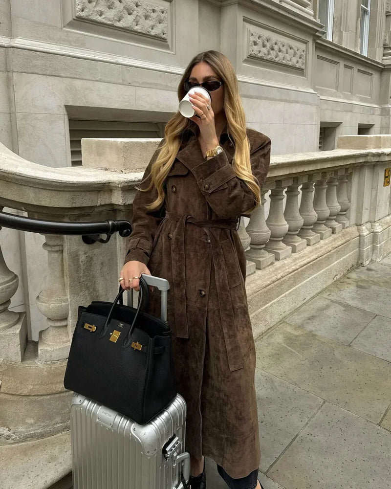 Dames retro suède trenchcoat met elegante pasvorm – Isabelle
