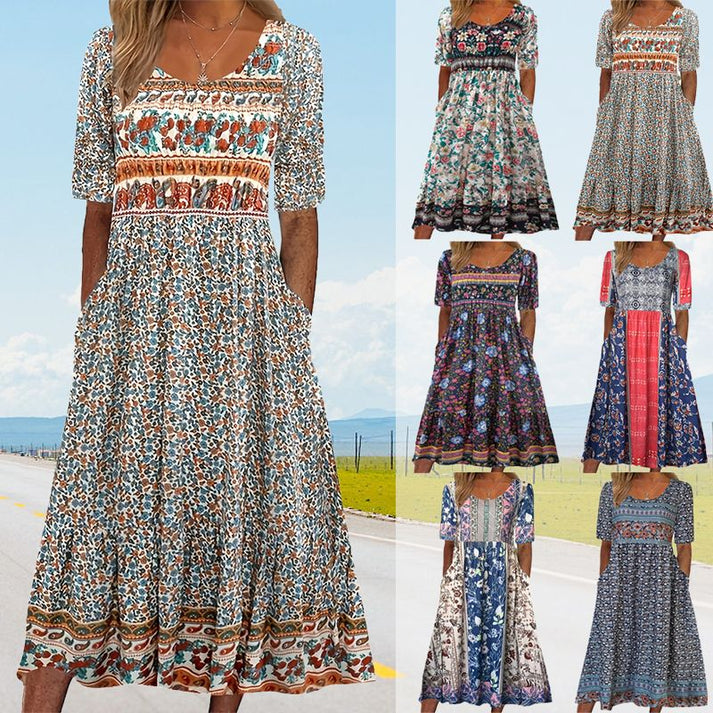Boho damesjurk met florale print en volants – Yara